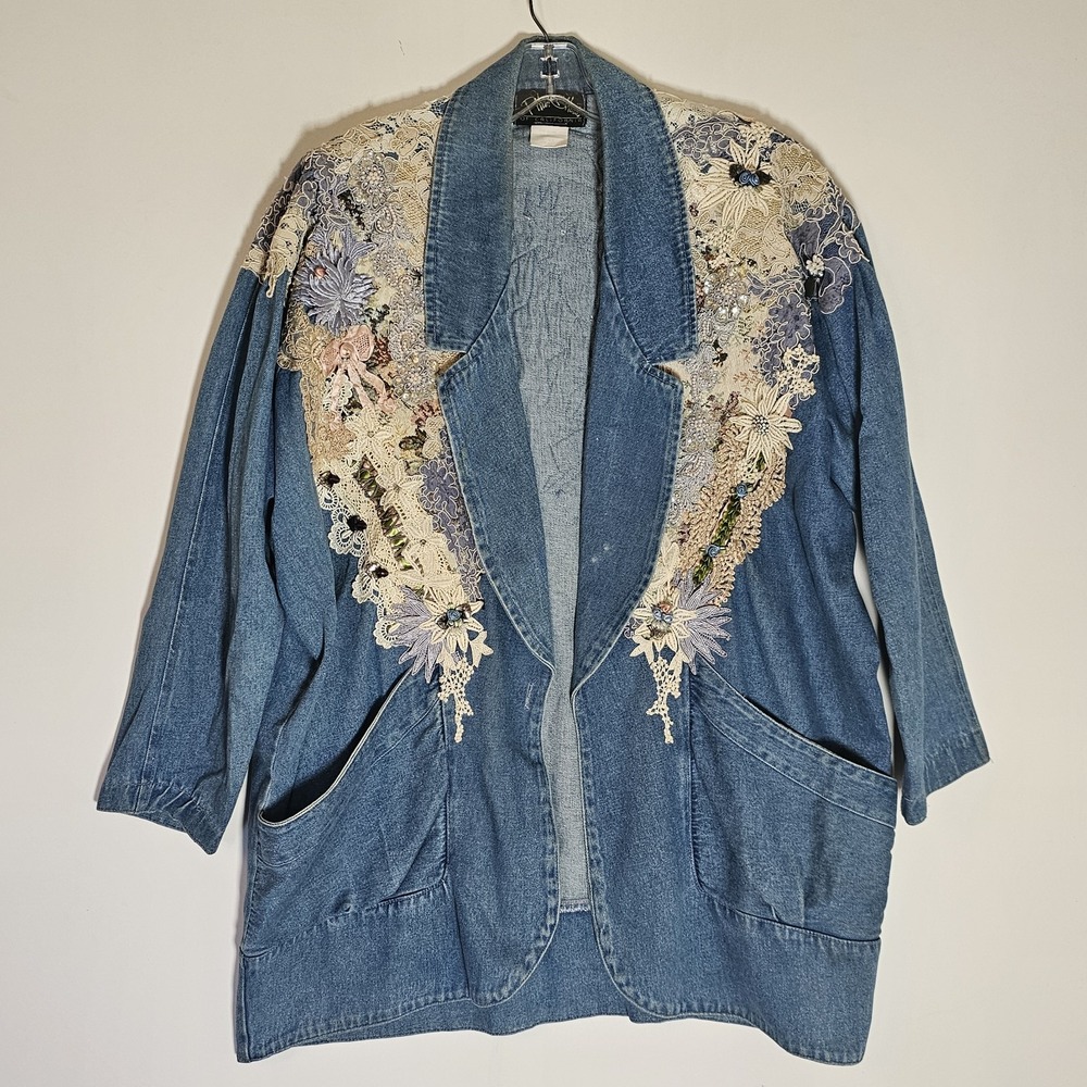Phun Shirts of California‎ Denim Jacket Womens One Size Blue Embellished Floral
